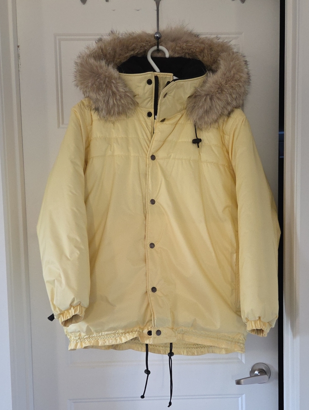 Women's Yellow Hooded Puffer Coat with Fur Trim